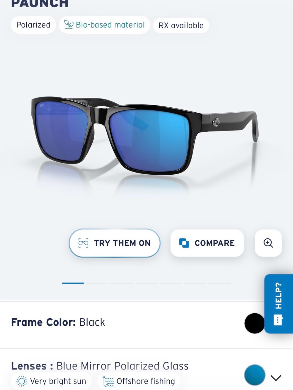Costa Paunch Men's Sunglasses - Black Frame with Blue Mirror Lenses with Case